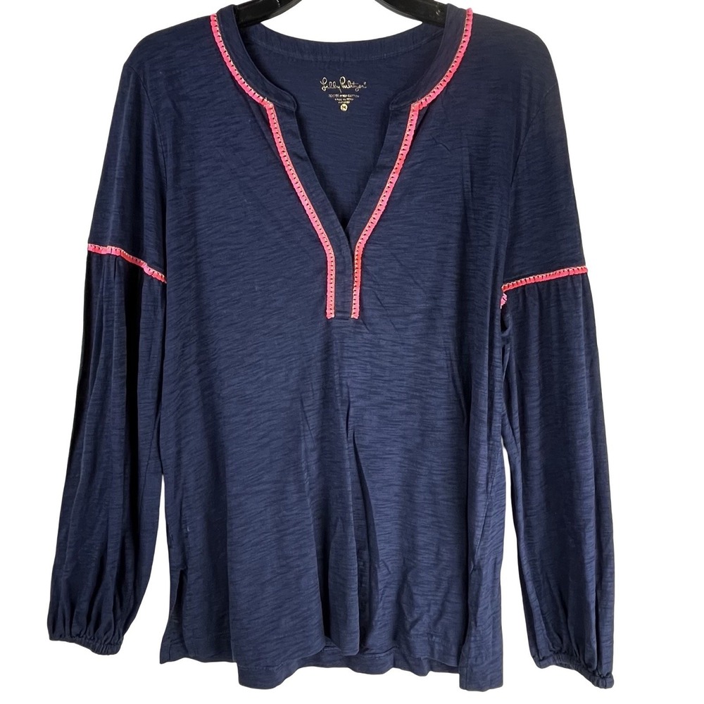 Lilly Pulitzer Kalissa Navy Blue‎ Top Tunic Medium Pink Tassel Trim Long Sleeve - Picture 2 of 9